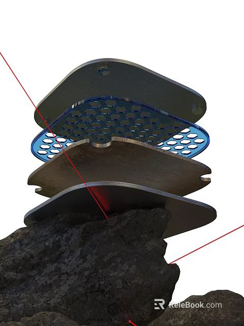 Stacked Metal Structure With Blue Mesh Layers And Gray Plates On Rock Base 3d model 