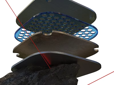 Stacked Metal Structure With Blue Mesh Layers And Gray Plates On Rock Base 3d model