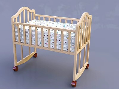 Wooden Baby Crib With Wheels And Colorful Patterned Mattress Design 3d model