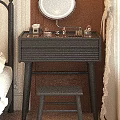 Black Modern Dressing Table With Round Mirror Drawers And Matching Stool 3d model