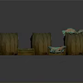 Decorative Wooden Barrels And Crates With Glowing Blue Liquid And Ornamental Plants