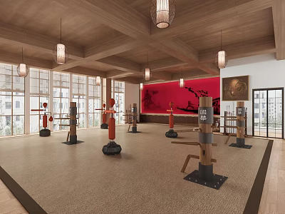 Martial Arts Fitness Training Studio With Wooden Dummies Red Accent Wall And Large Windows 3d model
