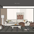 Minimalist Living Room With Light Sofa Petal Chair Patterned Rug And Decorative Wall Art