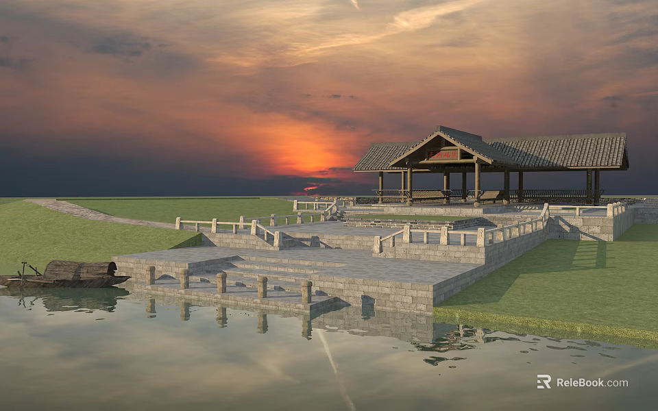 Scenic Sunset View With Traditional Pavilion Stone Steps And Water Reflection 3d model 