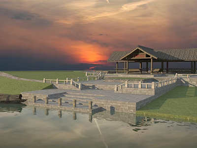 Scenic Sunset View With Traditional Pavilion Stone Steps And Water Reflection 3d model