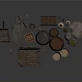 Vintage Rustic Scene With Wooden Cart Barrels Clay Pots Sacks And Wooden Bowls