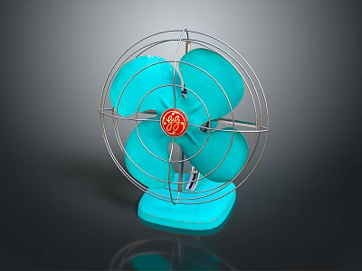 Modern Turquoise Electric Fan with Metal Grille Blue Blades and Red Logo Base 3d model