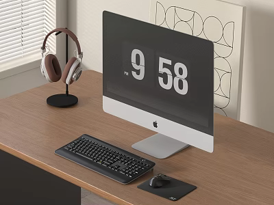 Modern iMac Desktop Setup With Keyboard Mouse And Headphones On Wooden Desk 3d model