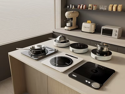 Modern Kitchen Countertop With Induction Cooktops Pots Coffee Machine Toaster And Microwave 3d model
