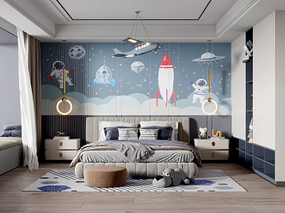 Kids Room Interior With Space Theme Wall Mural Astronauts Rockets And Decor 3d model