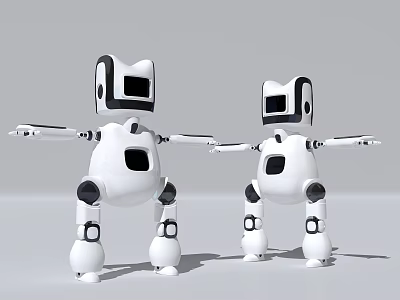 Two White Intelligent Robots With Black Screens Extended Arms Limb Joints Standing Against Gray Background 3d model