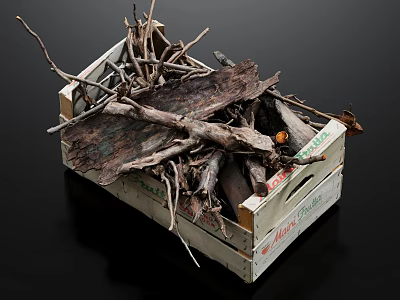 Stones And Wood Pieces In White Wooden Crate With Dry Twigs And Branches 3d model