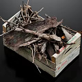 Stones And Wood Pieces In White Wooden Crate With Dry Twigs And Branches
