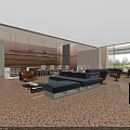 Comfortable Modern Lounge Area with Blue Sofas Brown Chairs Coffee Tables and Open Layout 3d model