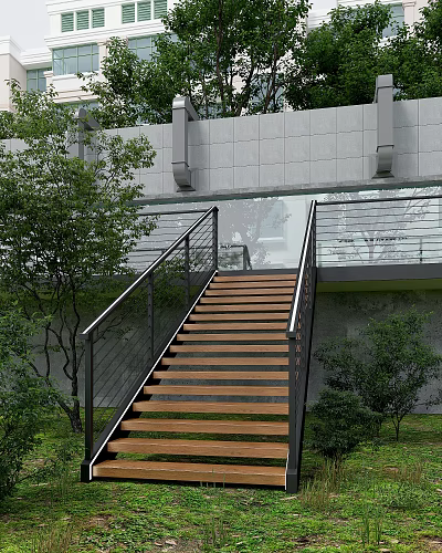 Modern Exterior Staircase With Wooden Steps Metal Railings And Green Plants Near Gray Building 3d model