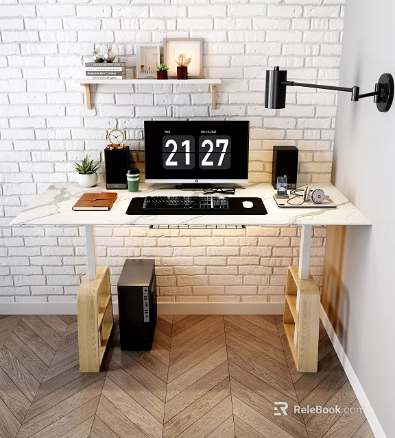 Modern Office Desk With Computer Monitor Desk Lamp Potted Plant And White Brick Wall 3d model 