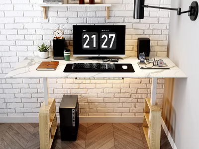 Modern Office Desk With Computer Monitor Desk Lamp Potted Plant And White Brick Wall 3d model