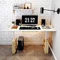 Modern Office Desk With Computer Monitor Desk Lamp Potted Plant And White Brick Wall