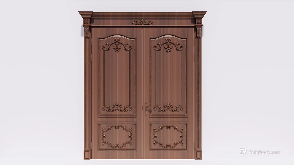 Classical Wooden Double Door With Ornate Carved Patterns And Decorative Details 3d model 