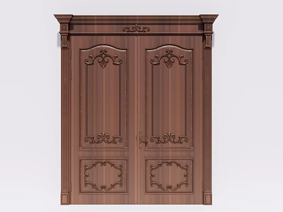 Classical Wooden Double Door With Ornate Carved Patterns And Decorative Details 3d model