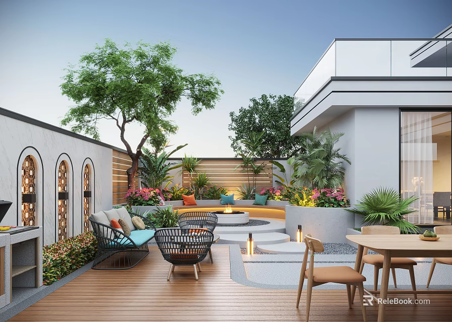 Modern Outdoor Garden With Wooden Deck Outdoor Seating Green Plants And Arch Windows 3d model 