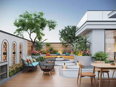 Modern Outdoor Garden With Wooden Deck Outdoor Seating Green Plants And Arch Windows 3d model
