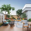 Modern Outdoor Garden With Wooden Deck Outdoor Seating Green Plants And Arch Windows