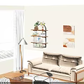 Modern Living Room Interior With Wall Shelf Green Plants Books And Floor Lamp