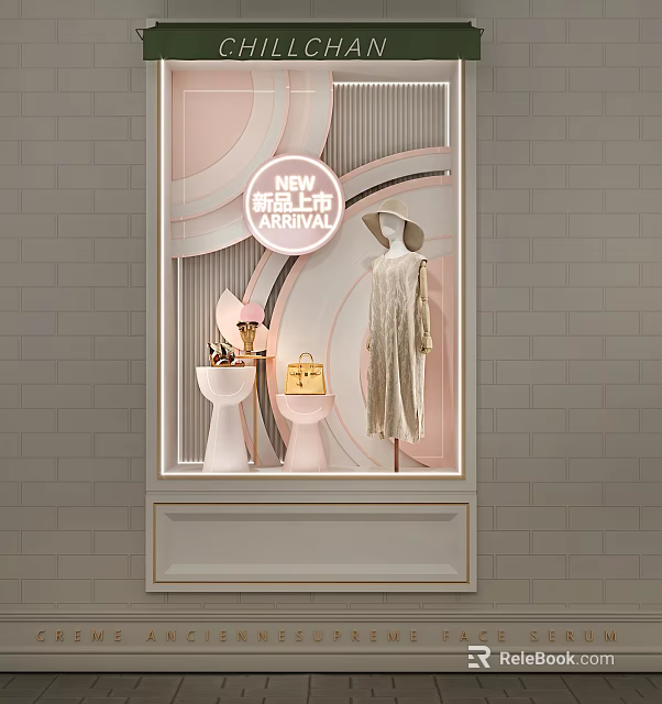 Elegant Window Display With Mannequin Gold Dress Pink Decorations Geometric Patterns And New Arrival 3d model 