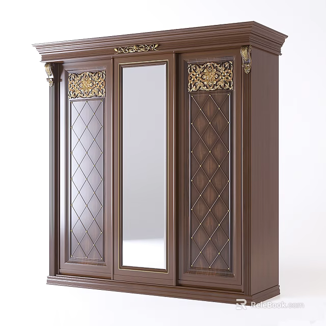 Classical Wooden Wardrobe With Diamond Pattern Panels Mirror Door And Ornate Carvings 3d model 