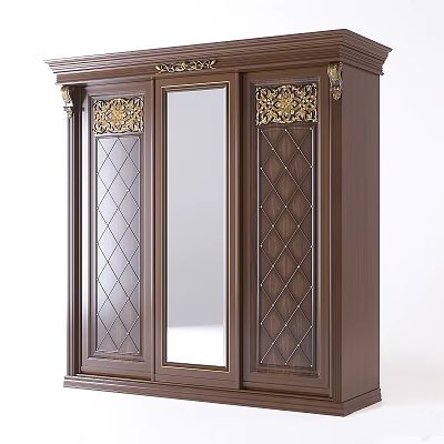 Classical Wooden Wardrobe With Diamond Pattern Panels Mirror Door And Ornate Carvings 3d model