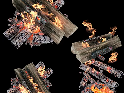 Burning Stone Wood Logs with Bright Flames and Fireplace Details 3d model