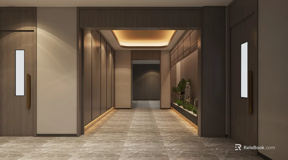 Modern Elevator Hallway With Wooden Decor Marble Flooring Lighting Strips And Green Plants 3d model 