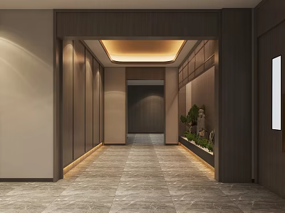 Modern Elevator Hallway With Wooden Decor Marble Flooring Lighting Strips And Green Plants 3d model