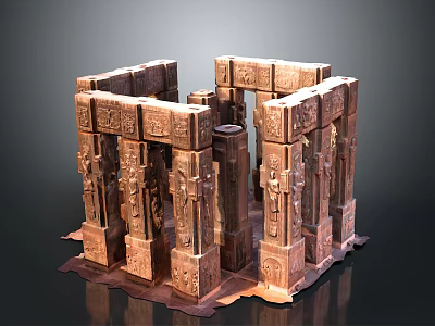 Ancient Carved Stone Architectural Components with Intricate Reliefs and Column Structures 3d model