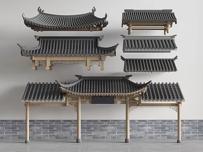 Traditional Ancient Building Roof Styles With Overhanging Eaves Wooden Pillars And Tiles 3d model
