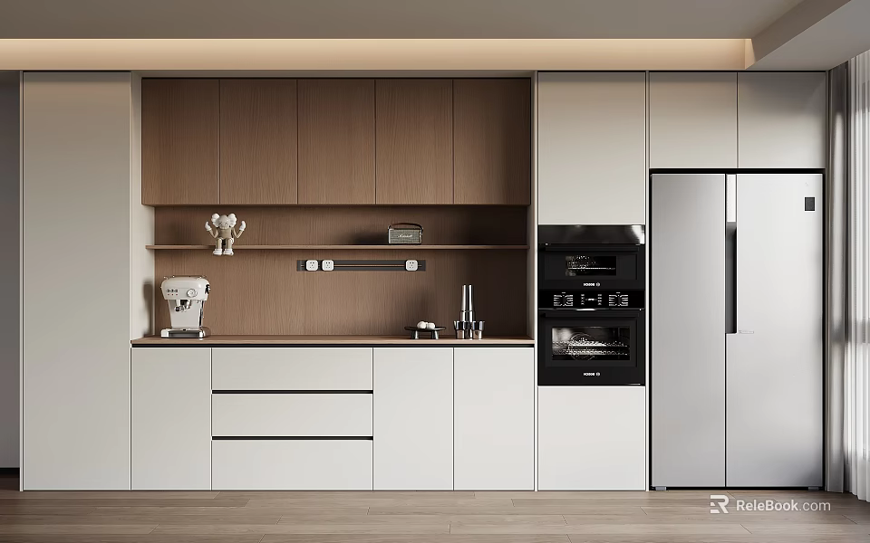 Modern Sideboard With Wooden And White Cabinets In Contemporary Kitchen Interior 3d model 