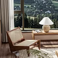 Cozy Living Room With Wooden Walls Large Windows Mountain View Sofa And Coffee Table