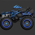 Blue Black Monster Truck With Flame Patterns Large Tires Green Lights And Biological Design