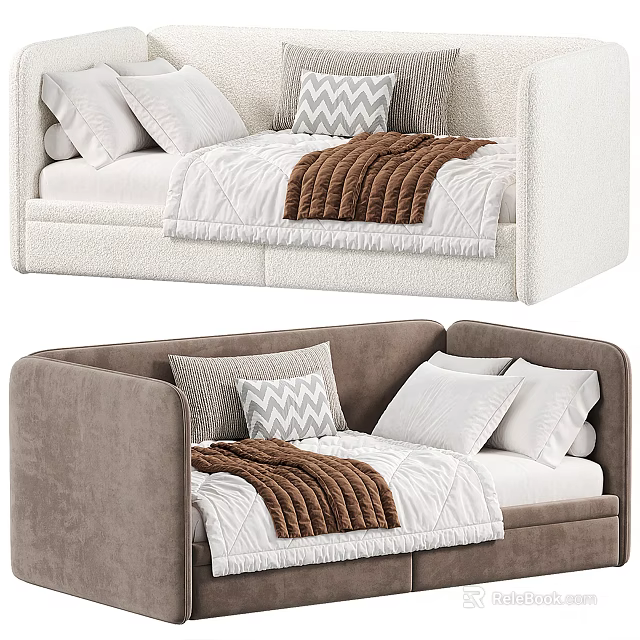 Modern Cozy Sofa Bed Design in White and Brown with Patterned Pillows and Soft Blanket 3d model
