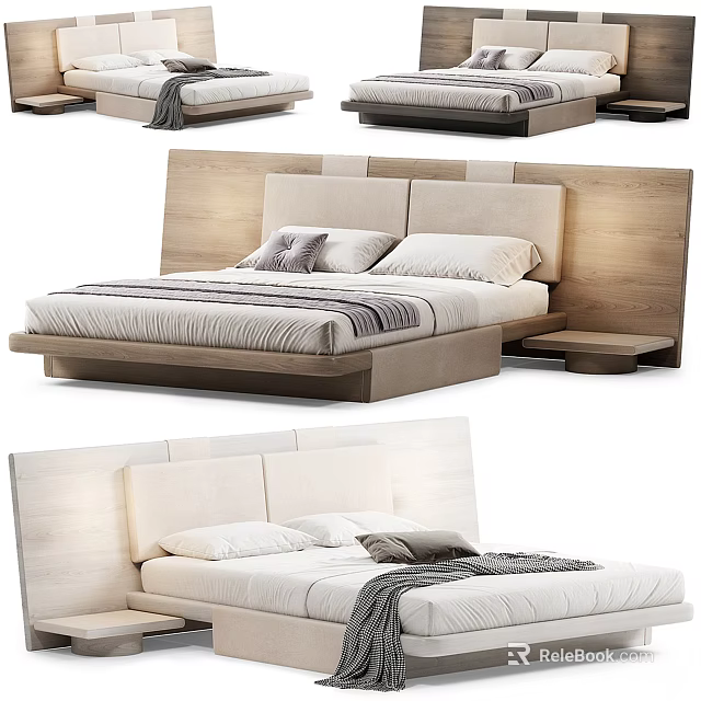 Modern Minimalist Double Bed Design With Wooden Headboard Mattress Pillows And Nightstand 3d model 