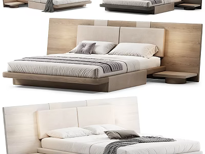 Modern Minimalist Double Bed Design With Wooden Headboard Mattress Pillows And Nightstand 3d model