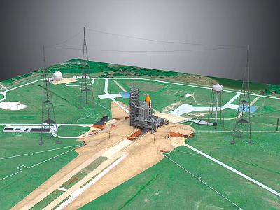 Modern Space Launch Site With Rocket On Launch Pad Runway And Support Towers 3d model