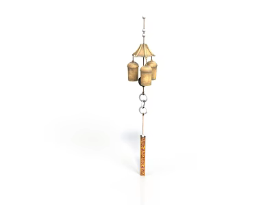Decorative Wind Chime With Three Bells Umbrella Shaped Top And Long Wooden Pendant 3d model