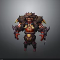 Fierce Muscular Orc Warrior With Brown Fur Red Decorations Skull Ornament Holding Weapons