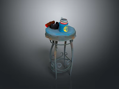 Blue Worn Edges Tabletop Stool With Metal Curved Pattern Legs And Red Blue Striped Thermos 3d model