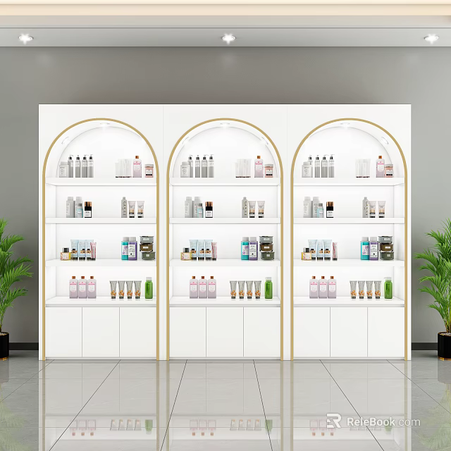 Perfume Cosmetics Display On White Arched Shelves With Gold Trim And Green Plants 3d model 