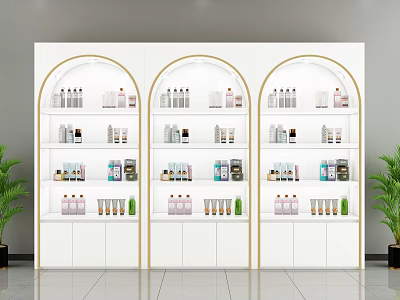 Perfume Cosmetics Display On White Arched Shelves With Gold Trim And Green Plants 3d model
