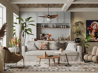 Cozy Dining and Living Room Interior With Wooden Ceiling Sofa Pillows And Green Plants 3d model