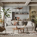Cozy Dining and Living Room Interior With Wooden Ceiling Sofa Pillows And Green Plants